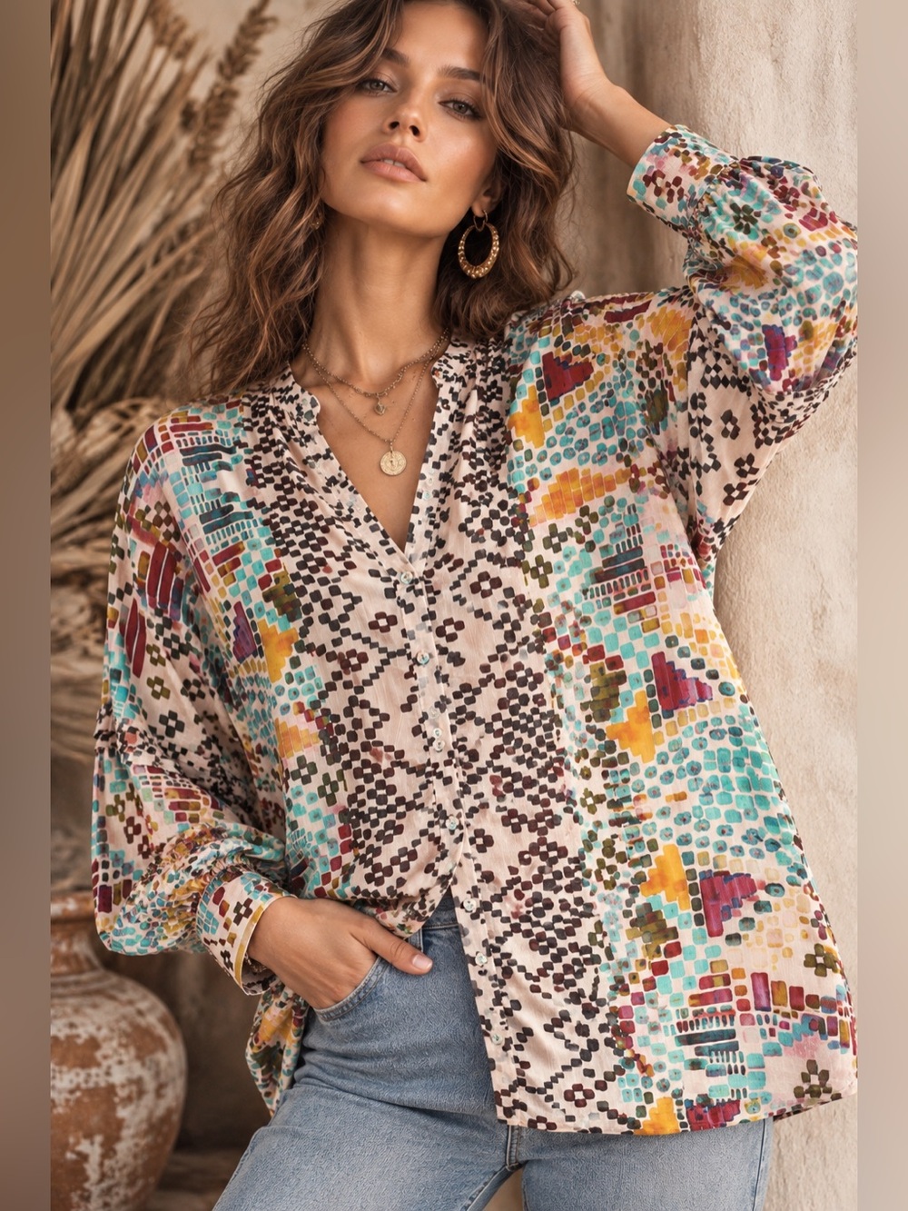 Johnny Was Malina Blouse Multicolor Geometric Print Boho Button Down NWT